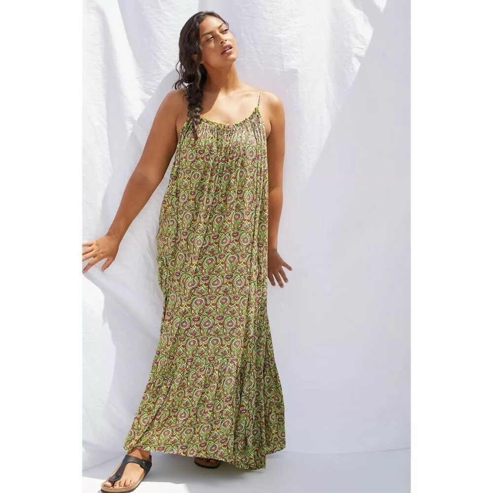 By Anthropologie‎ Flounced Maxi Lounge Dress in Citron Size Medium - Picture 4 of 14